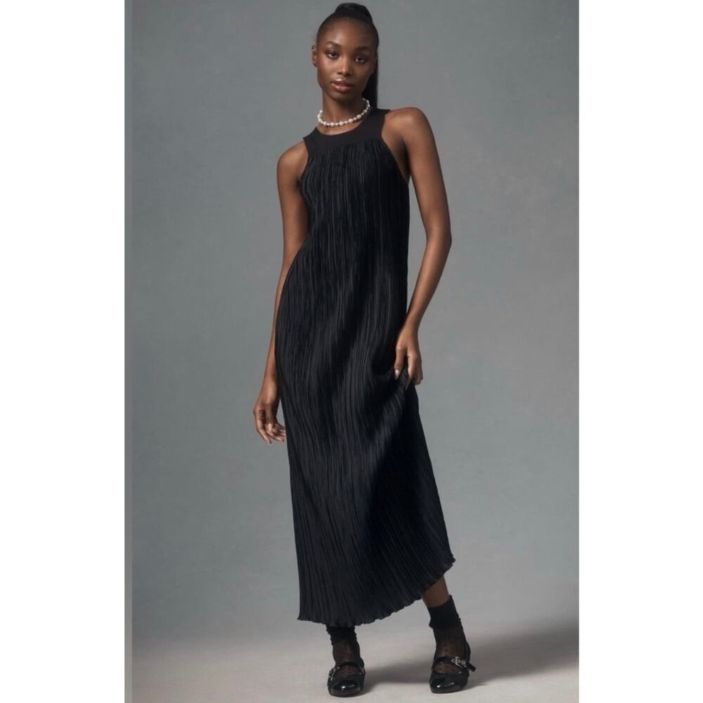 Anthropologie | Dresses | Anthropologie Black Halter Pliss Maxi Dress Xs Pleated Formal 68 Pristine